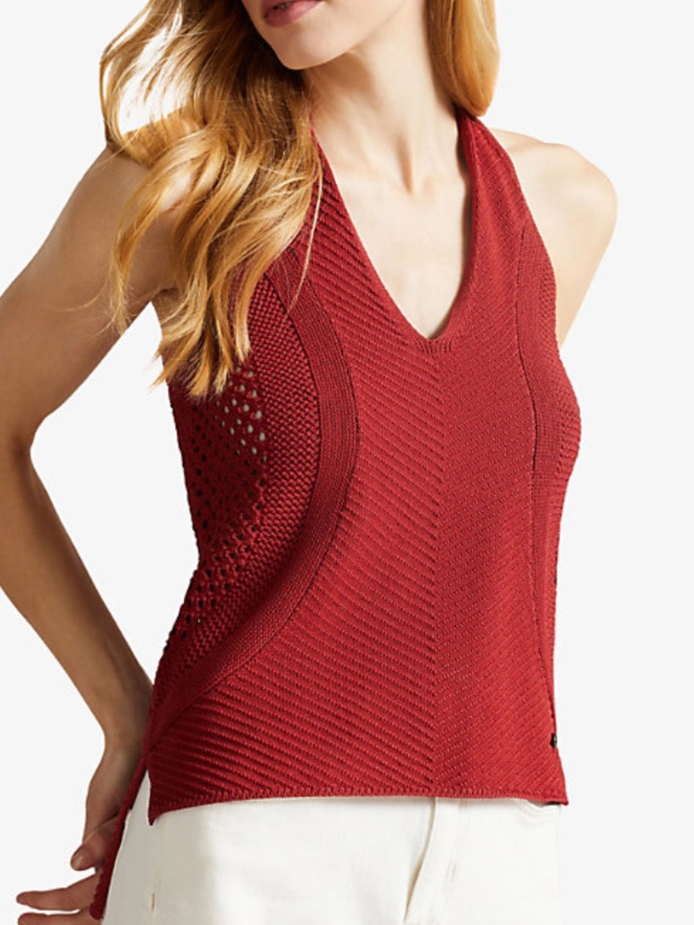 Ted Baker Brick Red Knit V-Neck Halter Sleeveless Top with Racerback Medium